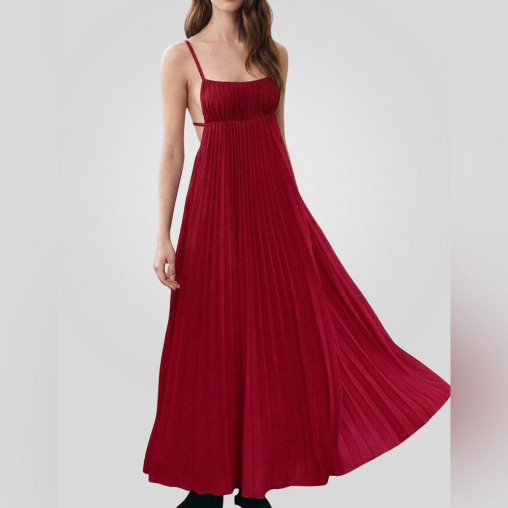 Red Pleated Maxi Dress Size M Open Back